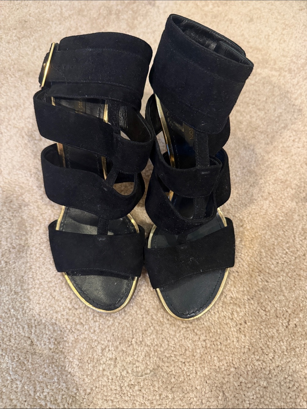 Louis Vuitton Black Suede Multi-Strap Ankle Cuff Heels with Gold Trim